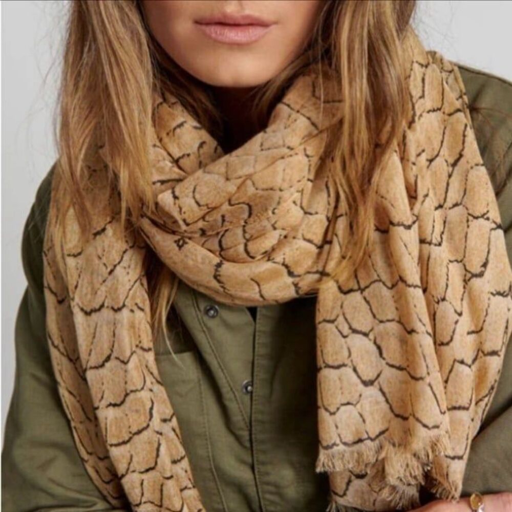 One Teaspoon Tan Snake Patterned Lightweight Wide Fringe Scarf OS new